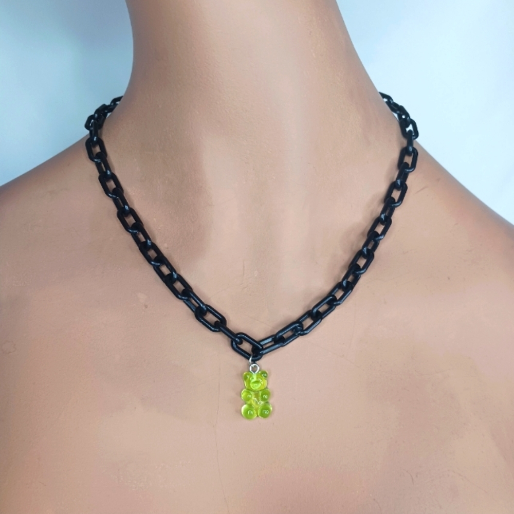 Plastic Black Link Necklace with Clear Bright Green Gummybear Pendant.